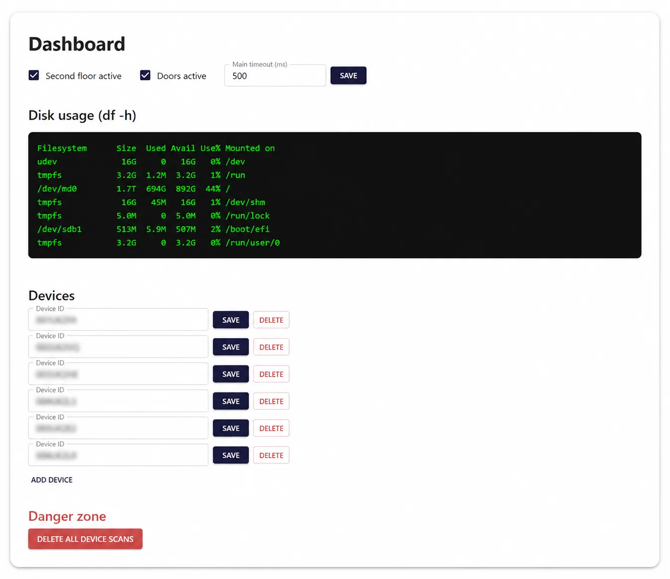 System dashboard for device and acquisition management